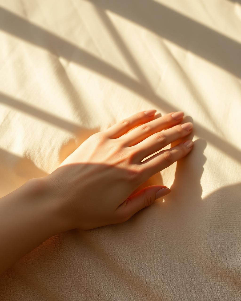 A hand resting on warm linen, showing a glossy nude structured gel manicure